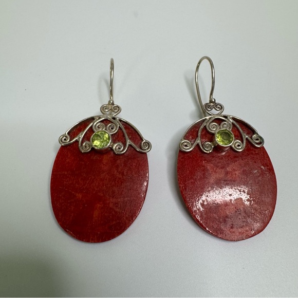 Coral and Peridot Sterling Silver Earrings Oval 925 Scrolled Hook Wires Bohemian - Picture 12 of 13